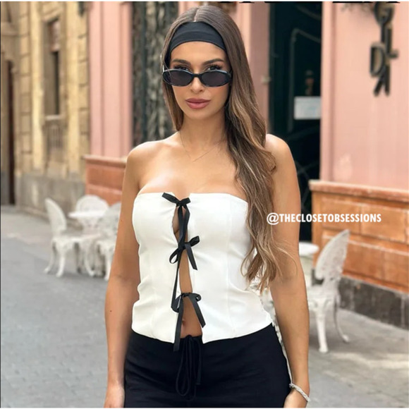 ZARA Blogger Fave Corset-Style Top with Contrast Ties NWT 🤍🖤 - Picture 8 of 16